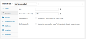 Cost of Goods Variable Product COGs default input field