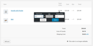 Cost of Goods edit COG tooltip on display