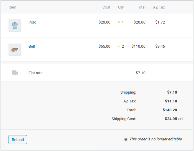 Displays order items from WC Admin area, showing no order item meta hidden fields after plugin is deactivated and snippet is active