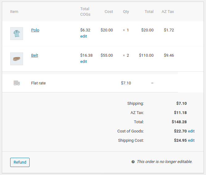 Displays order items from WC Admin area, showing no order item meta hidden fields