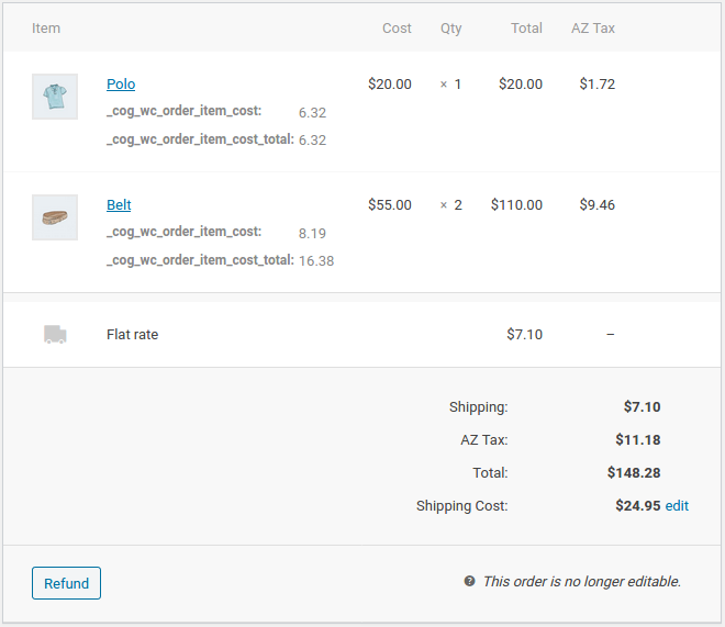 Displays order items from WC Admin area, showing Cost of Goods order item meta hidden fields