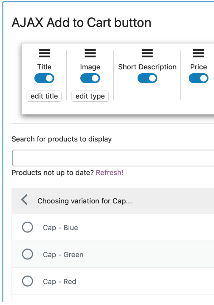 Image showing the search and selection form for products, specifically for explicit variations within the AJAX Add to Cart block